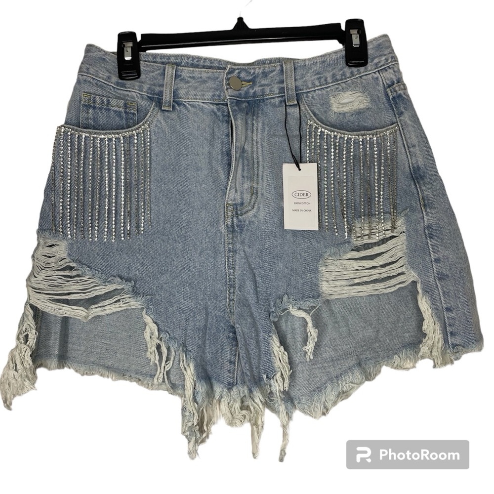 Cider Denim Shorts Large Distressed Rhinestones Fringe NWT NEW Frayed Blue Jean